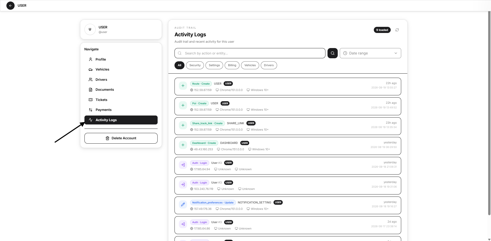activity log