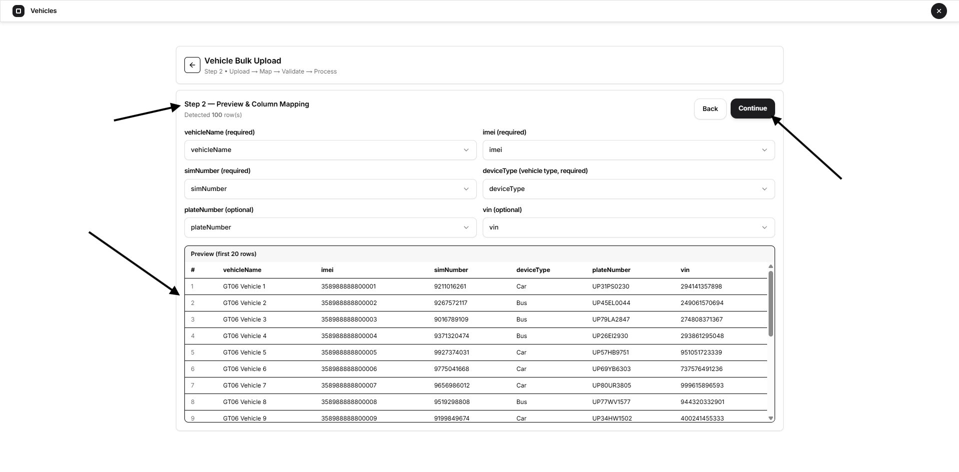 preview and column mapping