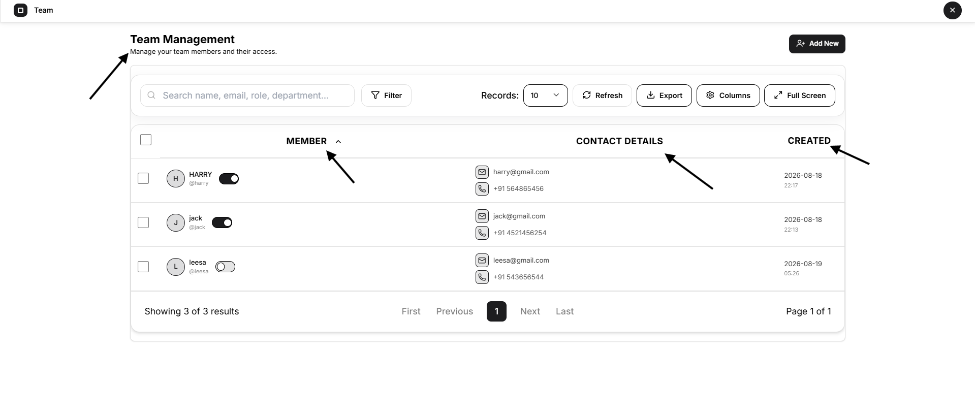 team management page