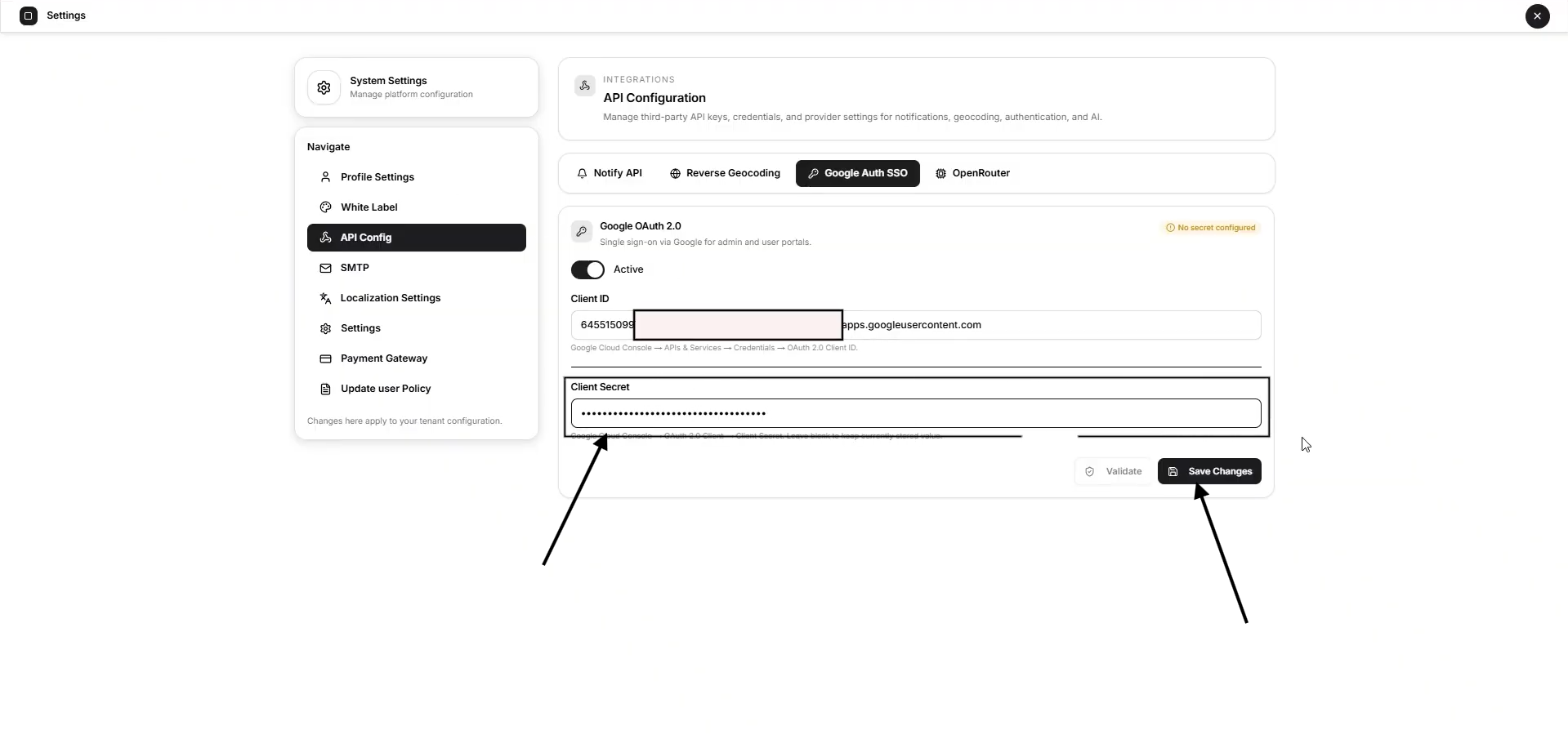 PASTE THE CLIENT SECRET AND SAVE