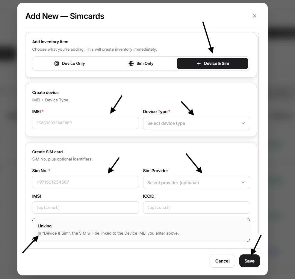 add both sim and device