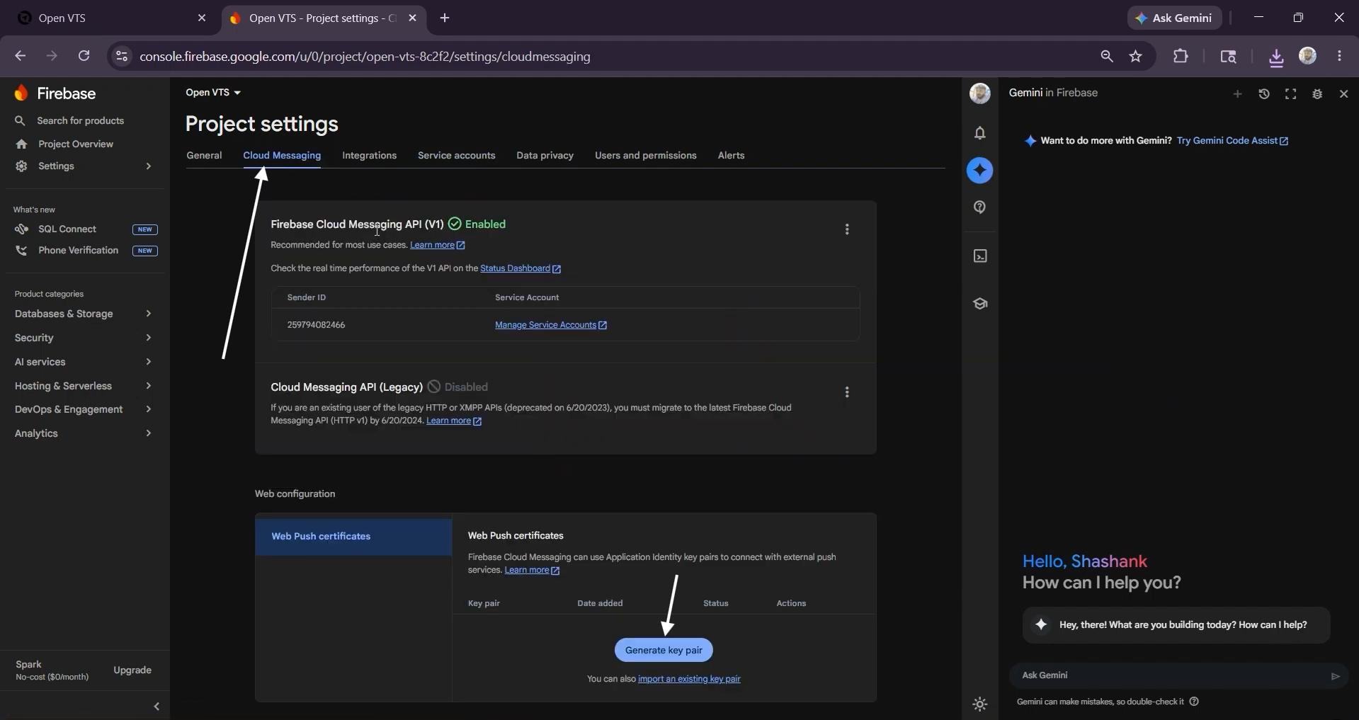 click cloude messaging and clikc generate
