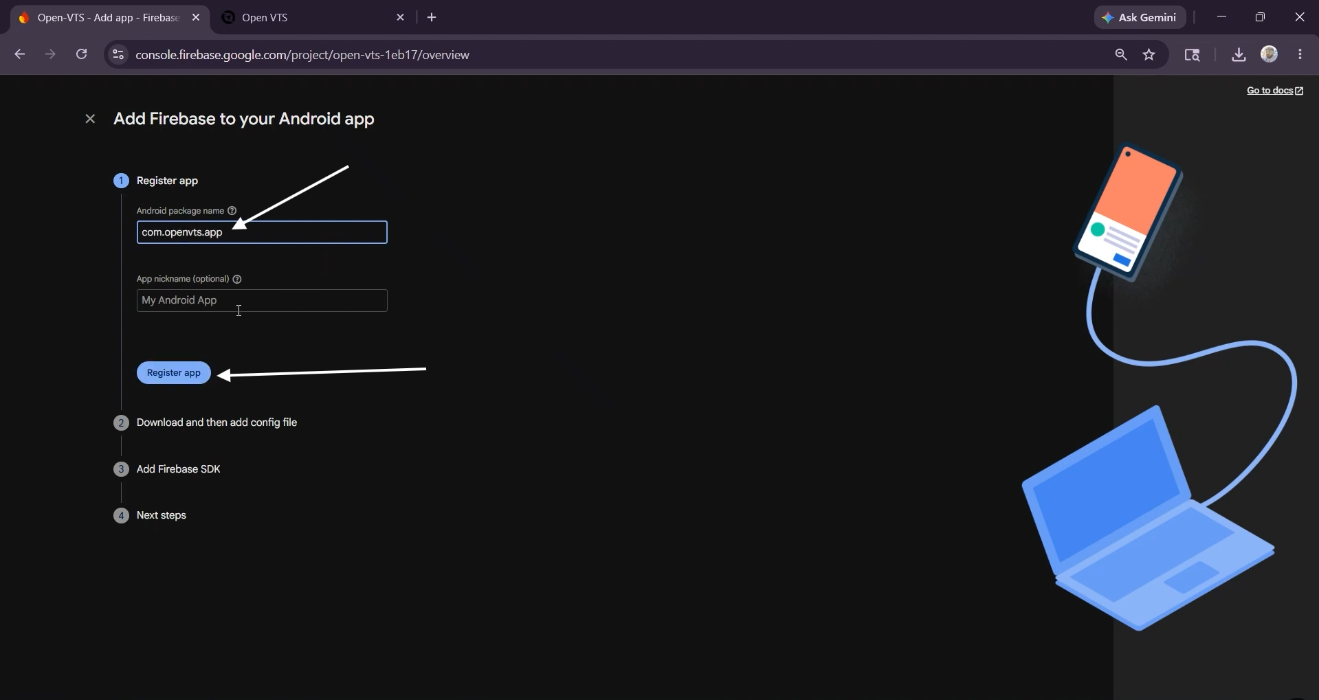 enter android package name and register name
