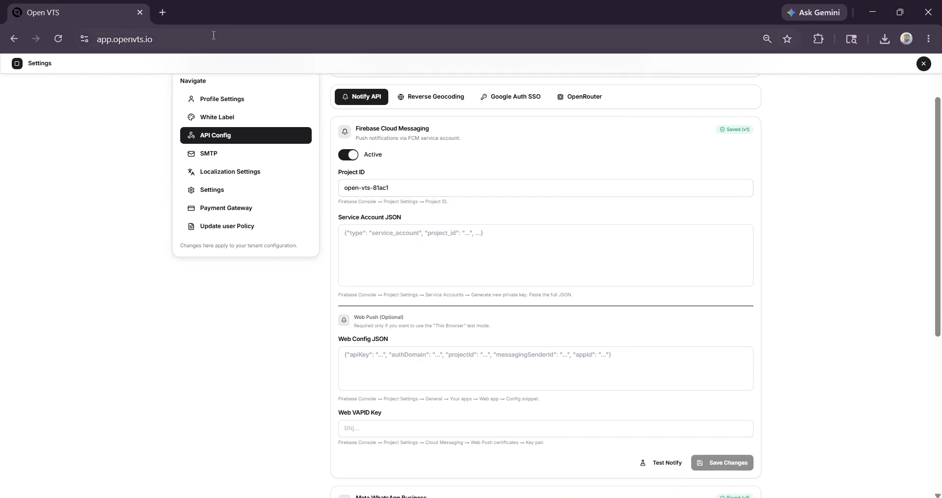 firebase page in open vts