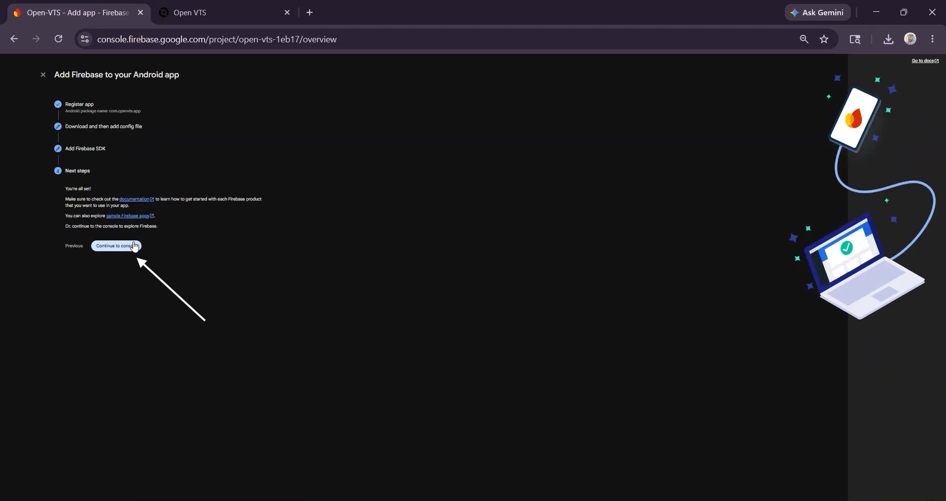 click contiue to console