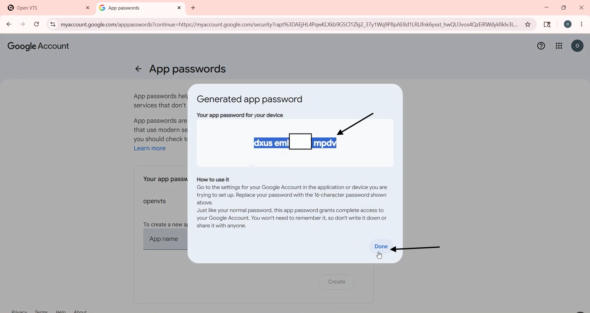 copy the password
