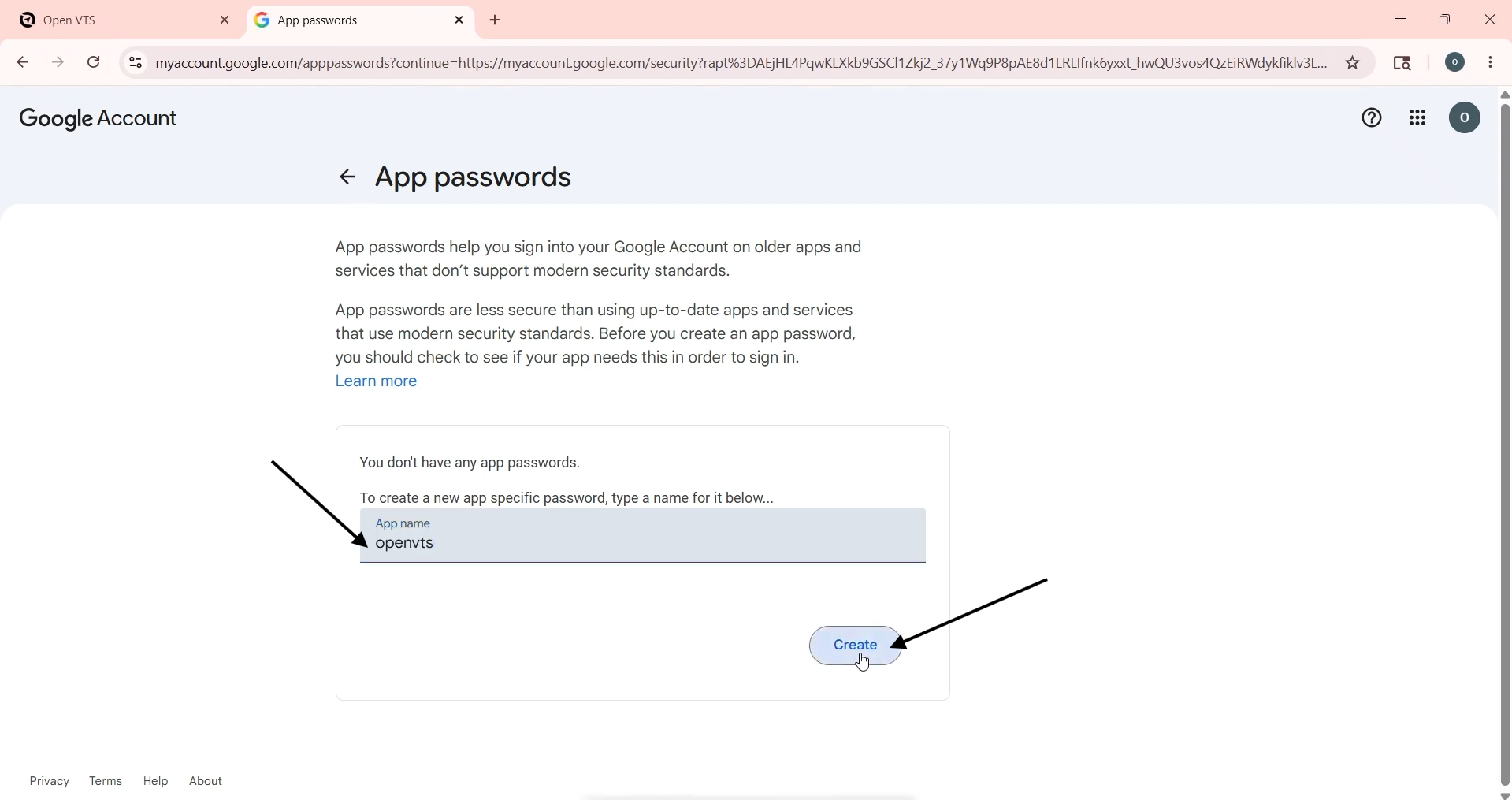 enter app name and create