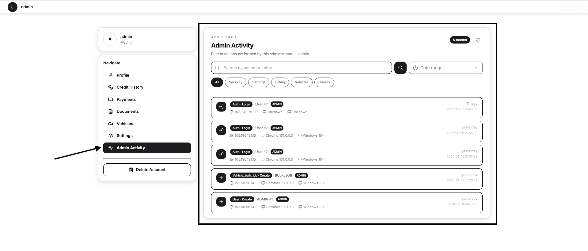 admin activity
