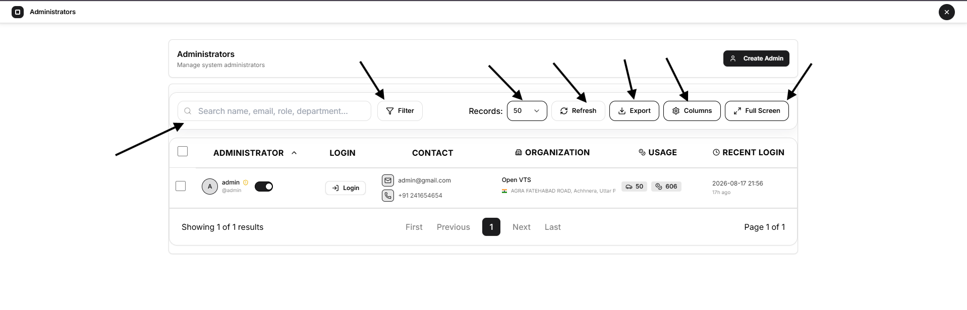 admin tool bar
