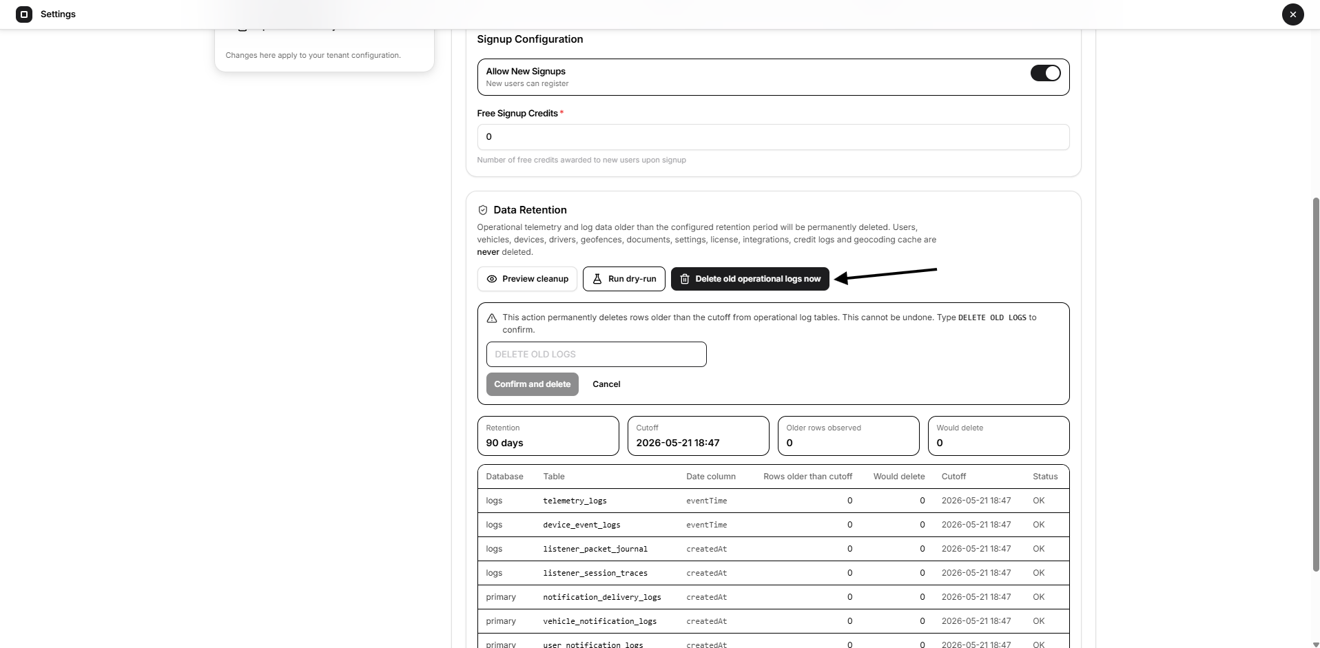 delete old operational logs